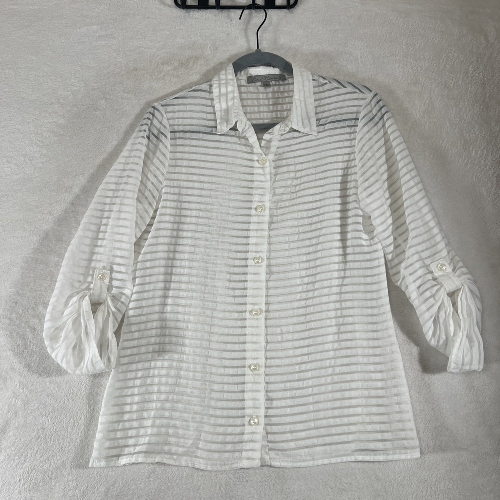 Emil Rutenberg Blouse Shirt Semi Sheer White Roll Tan Sleeves Size 2